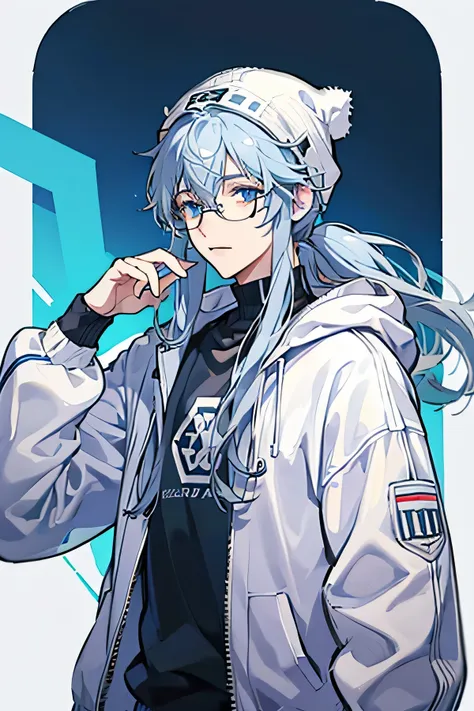 1male, pastel blue eyes, white long hair, casual y2k clothing, gray beanie and headphones, high quality, square glasses