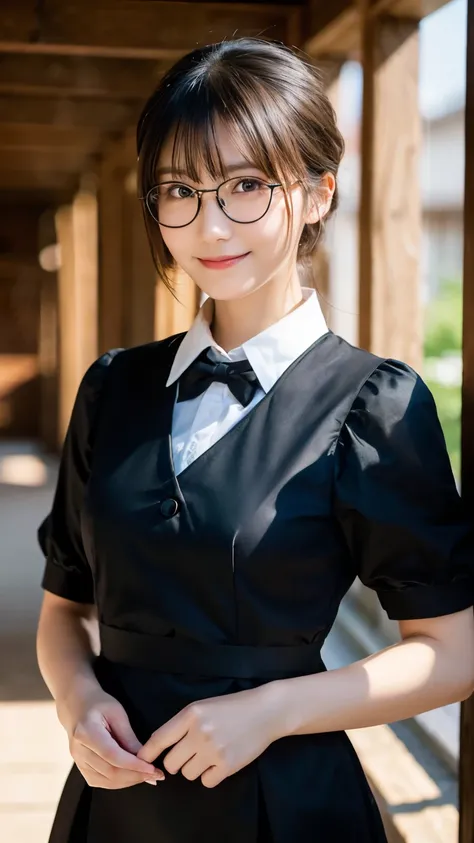 (Highest quality,masterpiece:1.3,Ultra-high resolution),(Very detailed,Caustics,8k),(Realistic:1.4,RAW shooting),A girl dressed as a butler,Japanese,boyish,smile,20-year-old,Short black hair,Glasses,Looking into the camera,Inside the Western-style building...