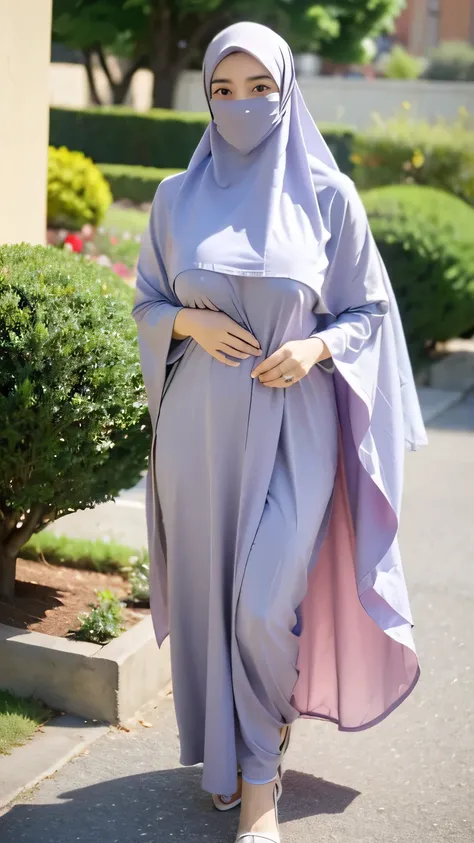  a beautiful young woman hijab, (((super big breast))), (very big breast covered), (Big breast), bare breast, perfect face, (((very huge big breast,))), ((( Big Breast))) long dress muslim, (((covering mouth, long veil))), Slim Face、20 years old, stil youn...