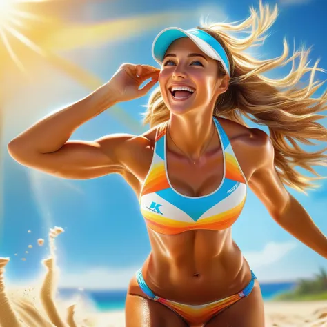 olympic beach volleyball player, athlete, sporty girl, sports bikini, sun visor, smiling, sweating, delicate facial features, ca...