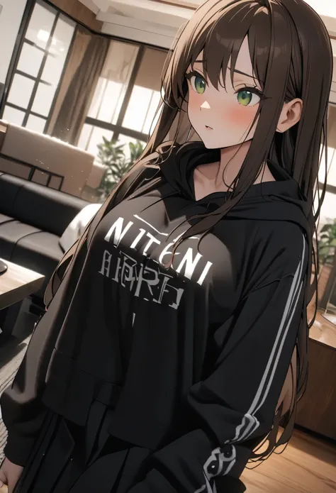 {{upper body, dutch angle}} {{Artist:fan_no_hitori}}(2), mature, 1girl, brown hair, long hair, green eyes, black/white graphic hoodie, Black goth skirt, indoors, living room, standing, pov, 8k, high quality