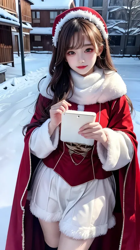 photorealistic, masterpiece, photorealistic, high resolution, soft light, hips up, Lolita costume，Cloak (Snow, Outdoor activities in winter:1.2)