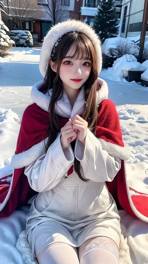 photorealistic, masterpiece, photorealistic, high resolution, soft light, hips up, Lolita costume，Cloak (Snow, Outdoor activities in winter:1.2)