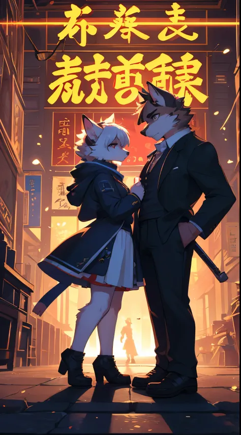 movie poster, movie artwork, action movie concept art, romantic novel cover, High resolution, top quality, Best Quality, perfect work of art, absurdities, perfect anatomy(couple, young male detective, 1 woman dressed as Chinese)(furry, kemono, the second)w...