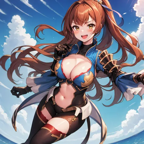 masterpiece, best quality, 1teen_girl,def,beatrix, ponytail, hair ribbon, gauntlets, blue shirt, gloves, cleavage cutout, looking at viewer, big_smile, large breasts, sky_landscape_background ,,happy,covered_nipples,young_teen,full_of_beans,,laugh,blush,op...