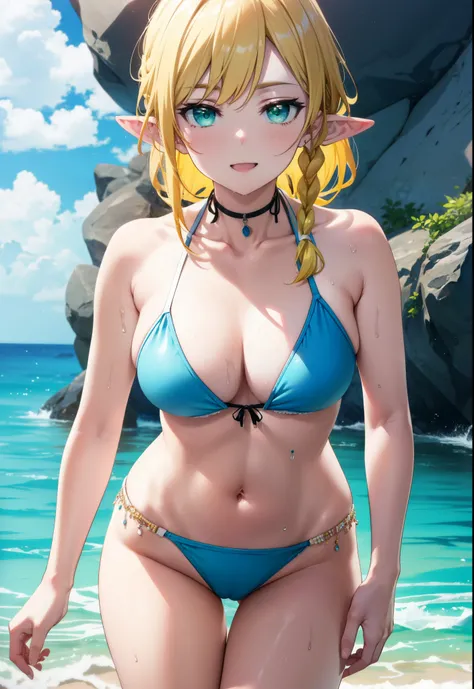 Suguhakirigaya, Suguhakirigaya, Long Hair,blonde,Green Eyes,Pointed Ears,Short braid,Big Breasts,Green bikini swimsuit,barefoot,Wet Skin,Wet Hair,Wet swimsuit,Water Play,True Summer,Daytime,Clear skies,happy smile,smile, Open your mouth,whole bodyがイラストに入るよ...