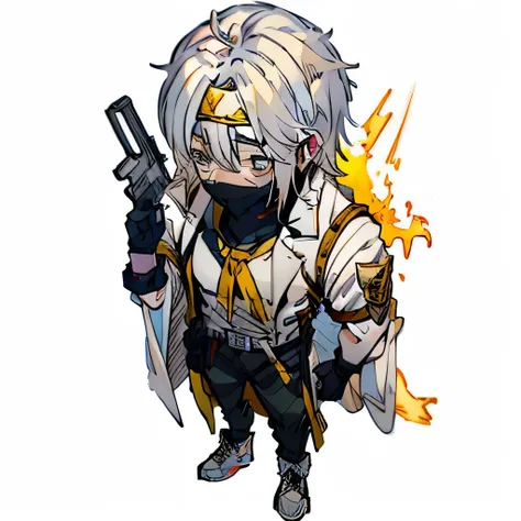 boy, 20 year, White hair, white coat with yellow rays, red bandana on face, yellow gloves, black pants, yellow belt, White sneakers.