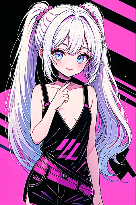 Highest quality,smile,woman,woman1人,adult,cute,ponytail,White Hair,Light blue eyes, Black camisole,Black shorts,Piercing,Black choker, Pink background,Touching hair with hands,