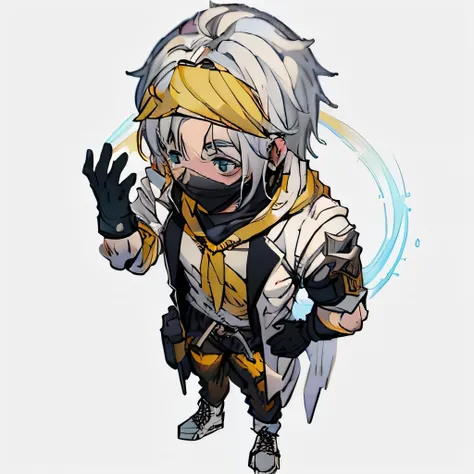 boy, 20 year, White hair, white coat with yellow rays, red bandana on face, yellow gloves, black pants, yellow belt, White sneakers, bandana vermelha.