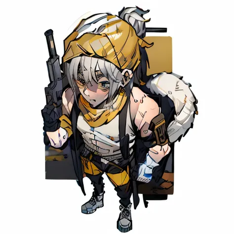 boy, 20 year, White hair, white coat with yellow rays, red bandana on face, yellow gloves, black pants, yellow belt, White sneakers, bandana vermelha.