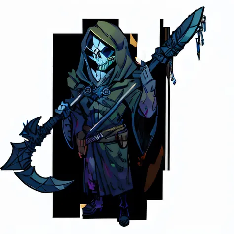 skeletor, black cowl, frightful, holding a scythe, grim reaper, reaper, skullish, black robe, black clothing, fear.