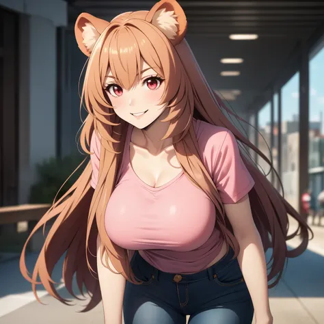 Raphtalia woman 35 years old straight floating golden blonde hair , rounded bear ears, red eyes like ruby, evil smile,big breasts, light and pale skin, low-cut clothing, low-cut pink top, Tight jeans,  background an urban city by day,