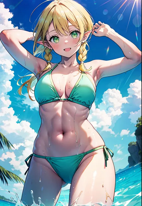 Suguhakirigaya, Suguhakirigaya, Long Hair,blonde,Green Eyes,Pointed Ears,Short braid,Big Breasts,Green bikini swimsuit,barefoot,Wet Skin,Wet Hair,Wet swimsuit,Water Play,True Summer,Daytime,Clear skies,happy smile,smile, Open your mouth,whole bodyがイラストに入るよ...