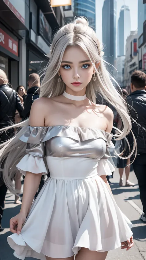 double whirlwind pattern design garment，Iris heterochromatic pupil，silver-haired girl，free high resolution,off shoulders、Off-the-shoulder semi-transparent pure white dress