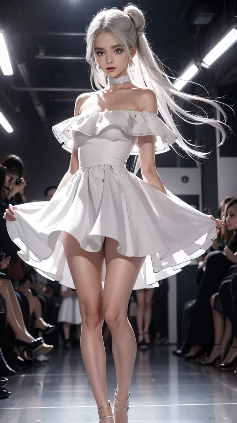 double whirlwind pattern design garment，Iris heterochromatic pupil，silver-haired girl，free high resolution,off shoulders、Off-the-shoulder semi-transparent pure white dress