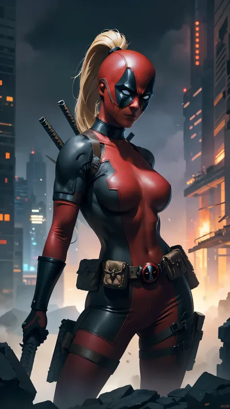 masterpiece, best quality, highres, contrapposto,BodySuit_lady_deadpool_ownwaifu,
1girl, mask, blonde hair, ponytail, long hair, large breasts, no pupils,
bodysuit, skin tight, superhero, belt pouch, utility belt, red bodysuit, gloves, weapon on back, thi...