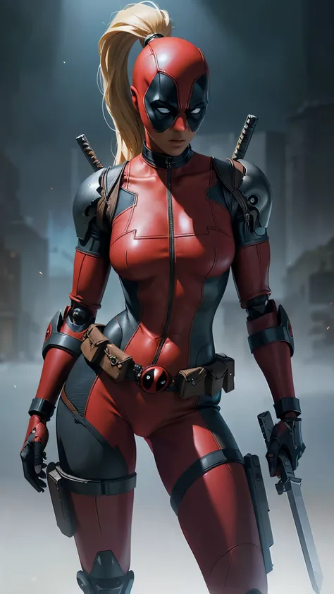 masterpiece, best quality, highres, contrapposto,BodySuit_lady_deadpool_ownwaifu,
1girl, mask, blonde hair, ponytail, long hair, large breasts, no pupils,
bodysuit, skin tight, superhero, belt pouch, utility belt, (red bodysuit cyborg plastic :1.4) , glov...