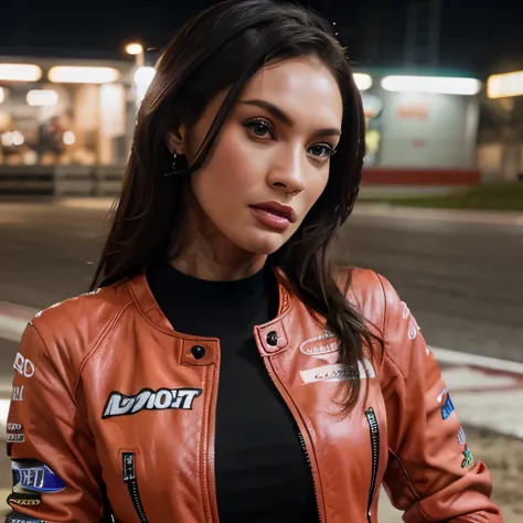 Megan Fox a highly detailed photo of  wearing a pink leather jacket with the MotoGP logo, beautiful detailed eyes, beautiful detailed lips, extremely detailed face, long eyelashes, intricate leather textures, dynamic motorcycle racing pose, cinematic light...