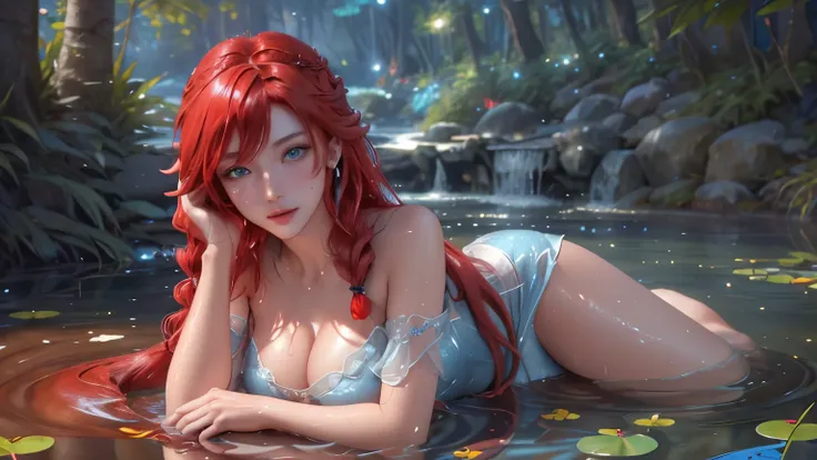 Landscape of an woman, landscape of a very beautiful woman, (((full body landscape))), (((full Body))), (((lying sideaways)))!!!!!, (lying sideaways on the shallow water at by the pond), Rias Gremory /(High School DxD/), anime style, looks at the camera wi...