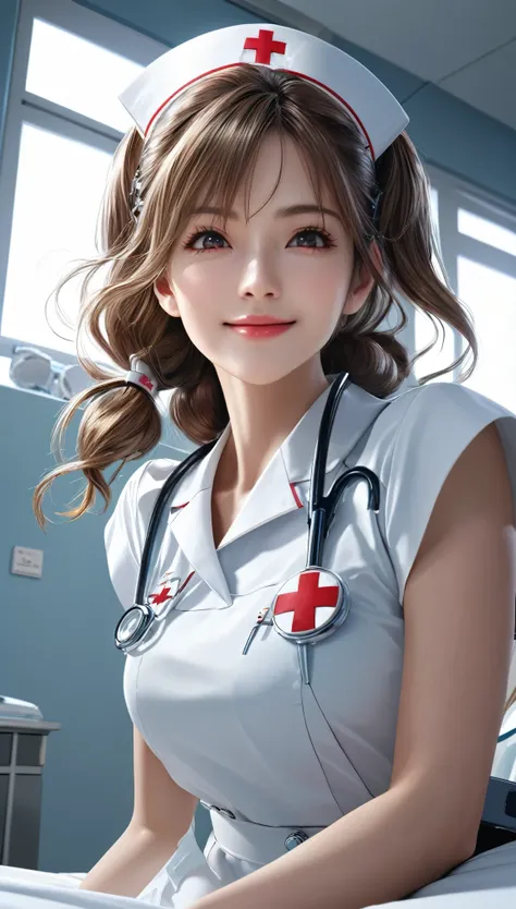 a charming cyborg nurse leaning over the patient's bed, fully dedicated to supporting your hospital stay, with a refreshing and ...