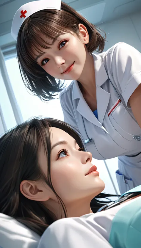 a charming cyborg nurse leaning over the patient's bed, fully dedicated to supporting your hospital stay, with a refreshing and ...