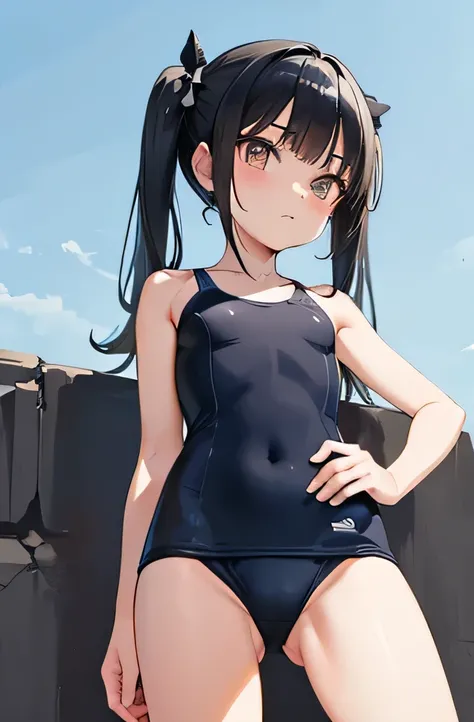 cowboy shot,thin legs,standing,(young girl:1.0),(tiny girl:1.0),(skinny girl:0.8),front shot,flat chest,long twin tails,black hair,navy colored school swimsuit,from below,ground level shot,(loli:1.0),erected nipples