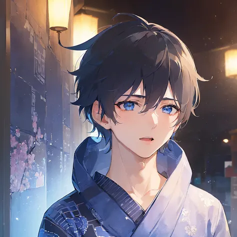 (25-year-old male:1.5) and(Black short hair) and (Blue eyes), (looking away:1.5), Shooting from below、
upper body, masterpiece、Highest quality、 (Blue) and (yukata),（open mouth：1.5）,blush,The background is a Japanese-style corridor at night