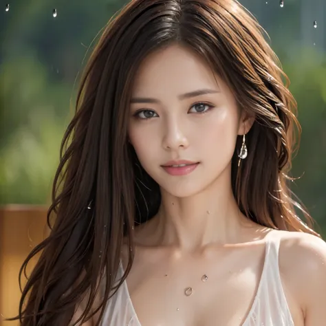 (highest quality, 4k, masterpiece :1.3), beautiful woman, one girl, sexy :1.1, dark brown hair: 1.1, (it rained and i got wet, r...