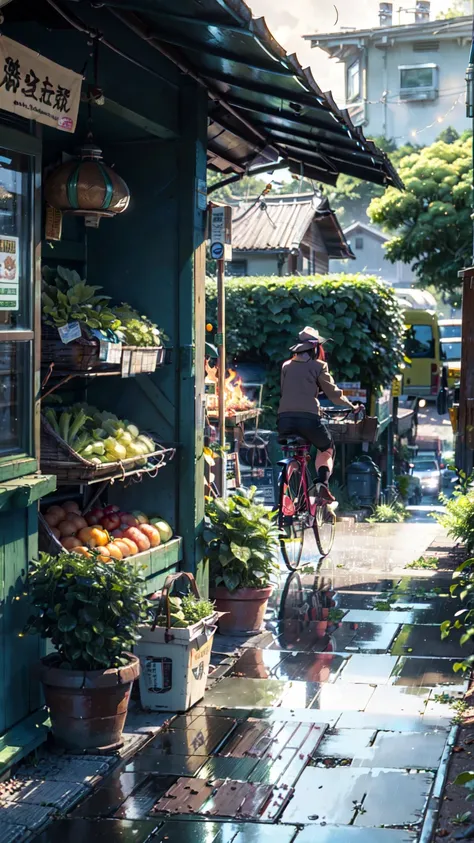 plants,trees, rainy season,cycle parked out of the shop, vegetables shop, High quality,good perspective, morning environment, morning sunshine, anime style, wallpaper, high details, detailed, cinematic lights , artstation, multicolour, Japan .(brokeh effec...