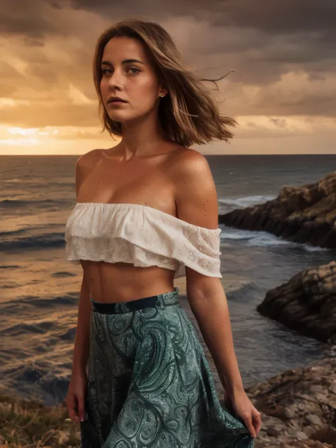 A young woman lies gracefully on the rugged coastline of Ibizas rural coast, amidst a vibrant yet stormy autumn setting of the 1870s. Her attire consists of a distinctive paisley print off-the-shoulder top and a flowing maxi skirt, both detailed with uniqu...