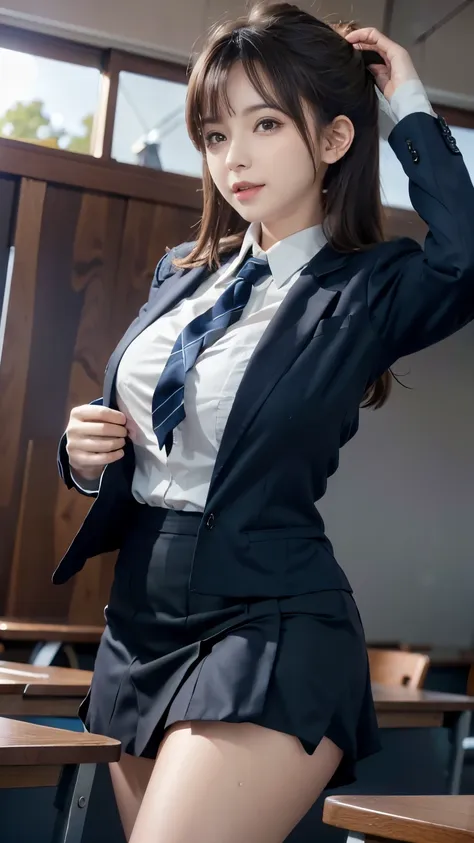 a slightly chubby, ugly but cute girl、in the classroom、innocence remains、semi-long light brown hair、navy blue blazer uniform、whi...