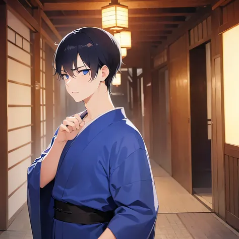 A man with black hair, blue eyes and wearing a blue yukata looking surprised with his hands spread out beside his face、The background is a Japanese-style corridor at night、closed-up