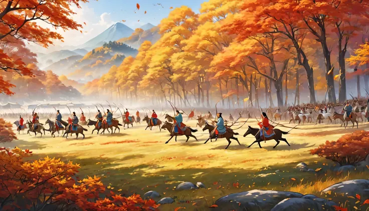 ancient china, royal hunting, tents on a large meadow on the right of the border of a forest in autumn with red and yellow leaves, men and women wearing hanfu riding horses, using bow and arrow hunting deers and rabbits