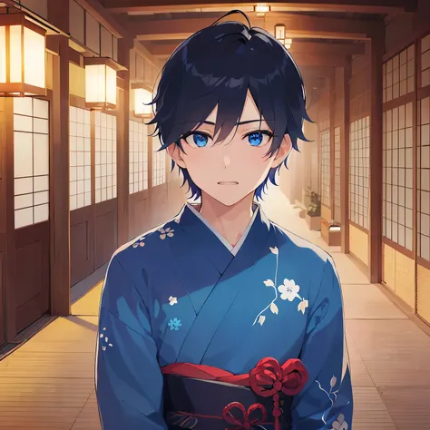 A man with dark hair and blue eyes,his hands next to his face、His eyes are wide open and his mouth is open in surprise、Wearing a blue yukata、The background is a Japanese-style corridor at night、Face in the picture