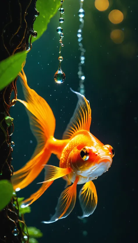Cinematic photography macro photography、Shining drops、We cling to magical, fantastical glass vines that reach from high branches to molten lava near us.。The fantastic colors of the galaxy、[vertical orientation]、Goldfish swimming in a glass with an open cen...