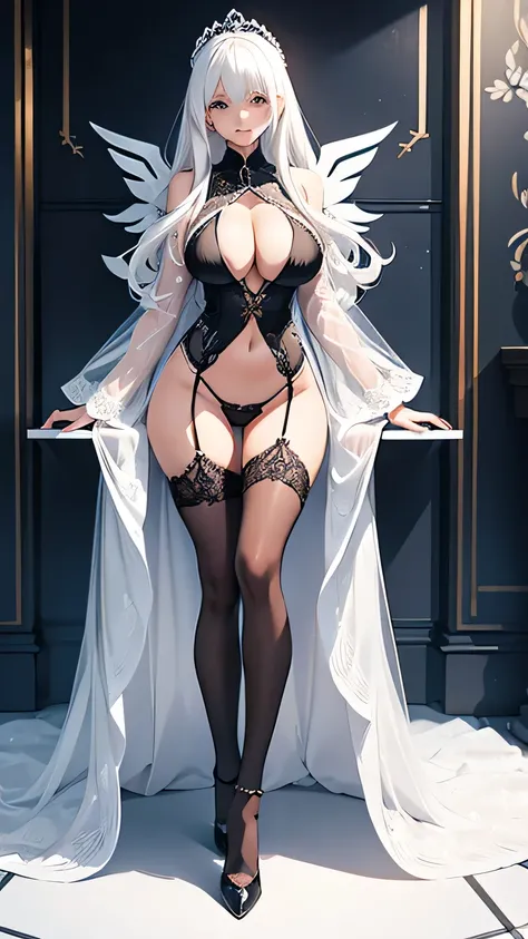 beautiful detailed girl, wearing long sexy micro bikini and long transparent coat, white hair, slender, Youthful expression, large breast, massive cleavage exposed, huge buttock, sitting on the throne arrogantly, open both legs, precise front angle