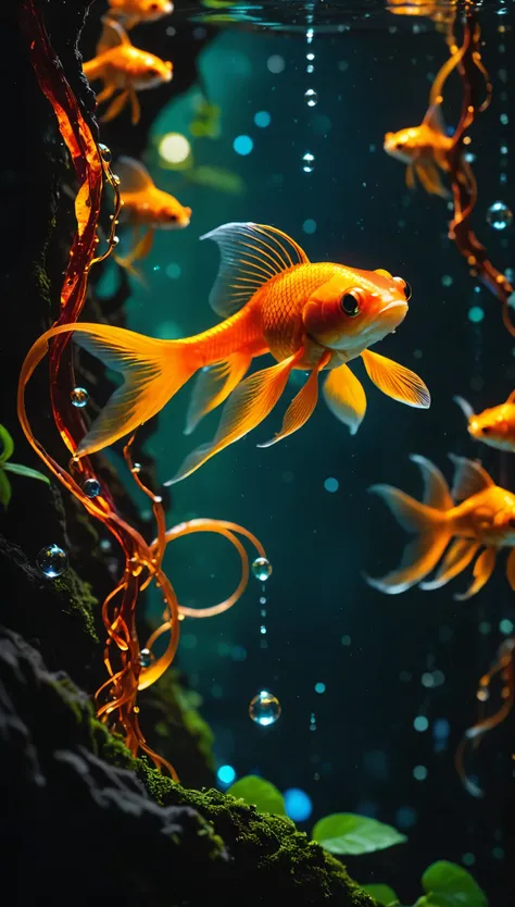 Cinematic photography macro photography、Shining drops、We cling to magical, fantastical glass vines that reach from high branches to molten lava near us.。The fantastic colors of the galaxy、[vertical orientation]、Goldfish swimming in a glass、An open central ...