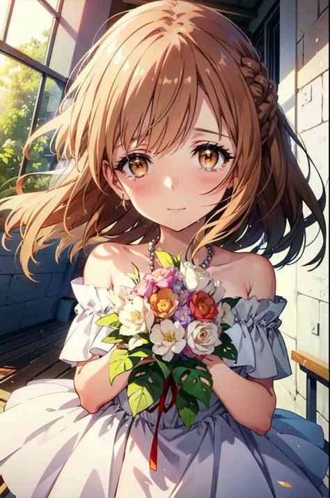 a sun ayuuki, a sun a yuuki, Long Hair, Brown Hair, (Brown eyes:1.8),smile,blush,Off-the-shoulder wedding dresses,necklace,Wedding Skirts,Holding a bouquet in both hands,Clear skies,Tears stream down her face,Tears of joy,I cry a lot,Flower storm,whole bod...