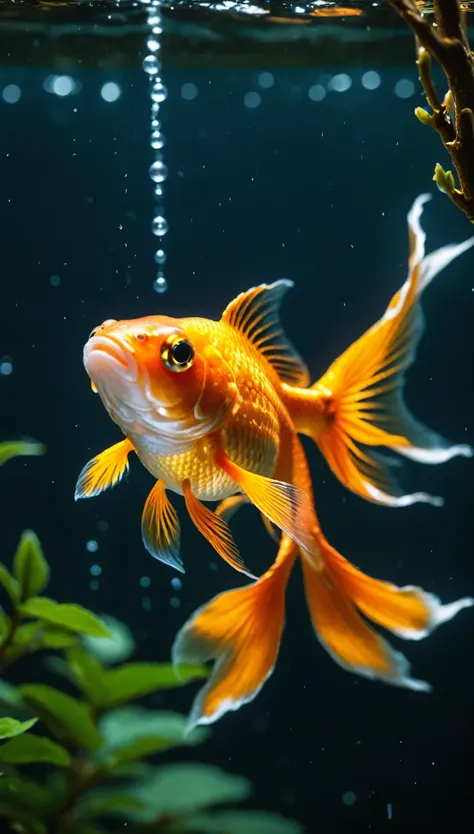 Cinematic photography macro photography、Shining drops、High branches near us。The fantastic colors of the galaxy、[vertical orientation]、wood々Goldfish swimming through the gap、Goldfish Biha、The saddle is on、An open central section made of old paper。35mm Photo...