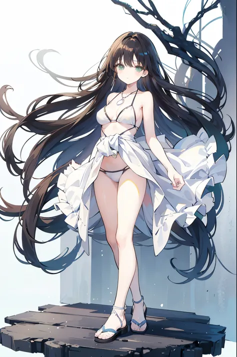 {{masterpiece}}, The best quality of life, 、Dark brown long hair down to the waist、Anime Girls with brown long hair, Cute female anime visuals,Anime full body illustration, Anime Moe Art Style, Anime characters, (Anime Girls)、(Green Eyes）、Expressionless ad...