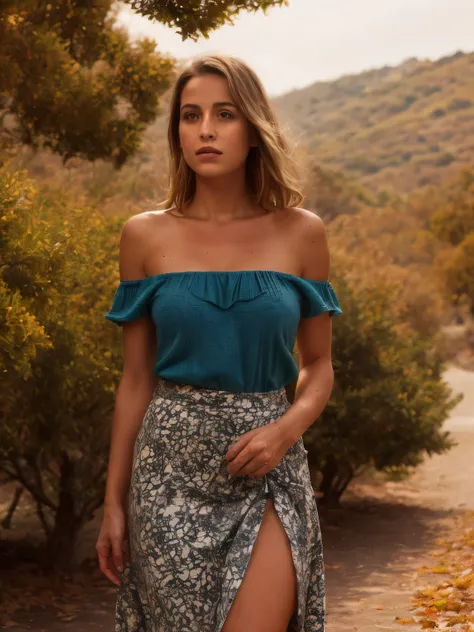 A young woman lies serenely on the vibrant autumnal landscape of Mallorcas south coast, Spain, in the 1870s. Dressed in a stunning paisley print off-the-shoulder top and a flowing maxi skirt, she embodies the essence of the season. The off-the-shoulder top...