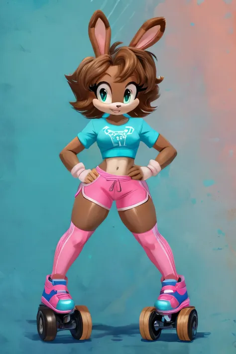 Female Sonic Brown Bunny with a curvy figure with Wearing a Cyan Shirt and Shorts, Pink Leggings and is wearing roller Skates with a short Robot