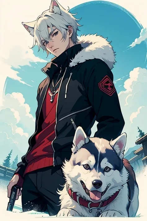 husky dog with anime man assassin