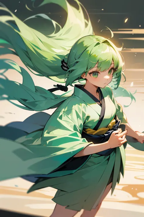 Wind ability Girl Green hair Kimono School Japanese style Long hair Loose Fluffy Small Doesn&#39;t seem to be thinking about anything