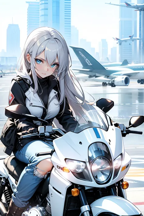 Beautiful woman riding her beloved motorbike, cute expression, beautiful eyes, detailed face, masterpiece, 8k, high definition, dynamic, viewers perspective, airport runway in the background