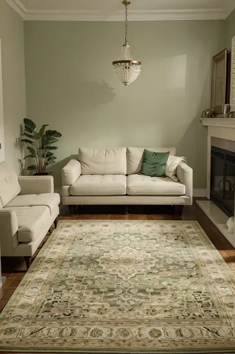 Living room with a sage green area rug, white walls, and a beige sofa.