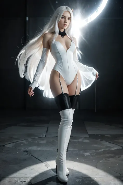 a female angel character, 50 years old, view point; full front view.
• HEAD: beautiful face, full white eyes, longest flowing white hair, has a ring of light, heigh 190 cm.
• BODY: wering white black robe, white gloves, wearing black stocking, wearing blac...