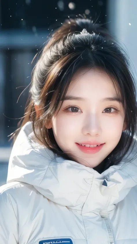 Wearing a white down jacket, Fair skin, 1 girl，Shut up and smile，Winters，23-year-old girl，high quality，Looking at the camera，For the audience，Snowing day，With bib，Real People，Beautiful and delicate girl, Very detailed eyes and face，Fine details，Unity,8k wa...