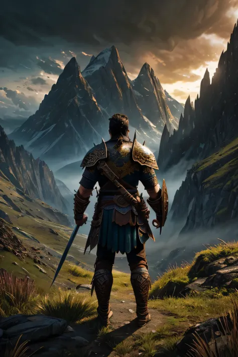 a warrior from behind, a mountain in front,highly detailed,intricate,cinematic lighting,photorealistic,dramatic atmosphere,epic fantasy,dramatic pose,dynamic composition,rich colors,dramatic shadows,detailed armor,rugged terrain,lush vegetation,moody cloud...