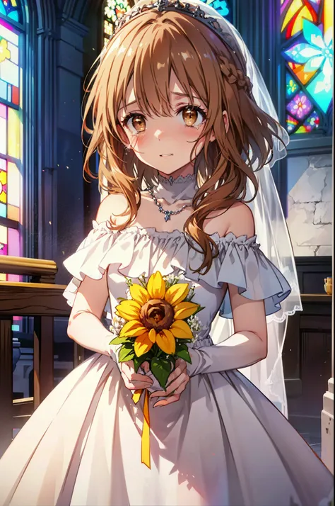 a sun ayuuki, a sun a yuuki, Long Hair, Brown Hair, (Brown eyes:1.8),smile,blush,Off-the-shoulder wedding dresses,necklace,Wedding Skirts,Holding a bouquet in both hands,Clear skies,Tears stream down her face,Tears of joy,I cry a lot,Flower storm,whole bod...